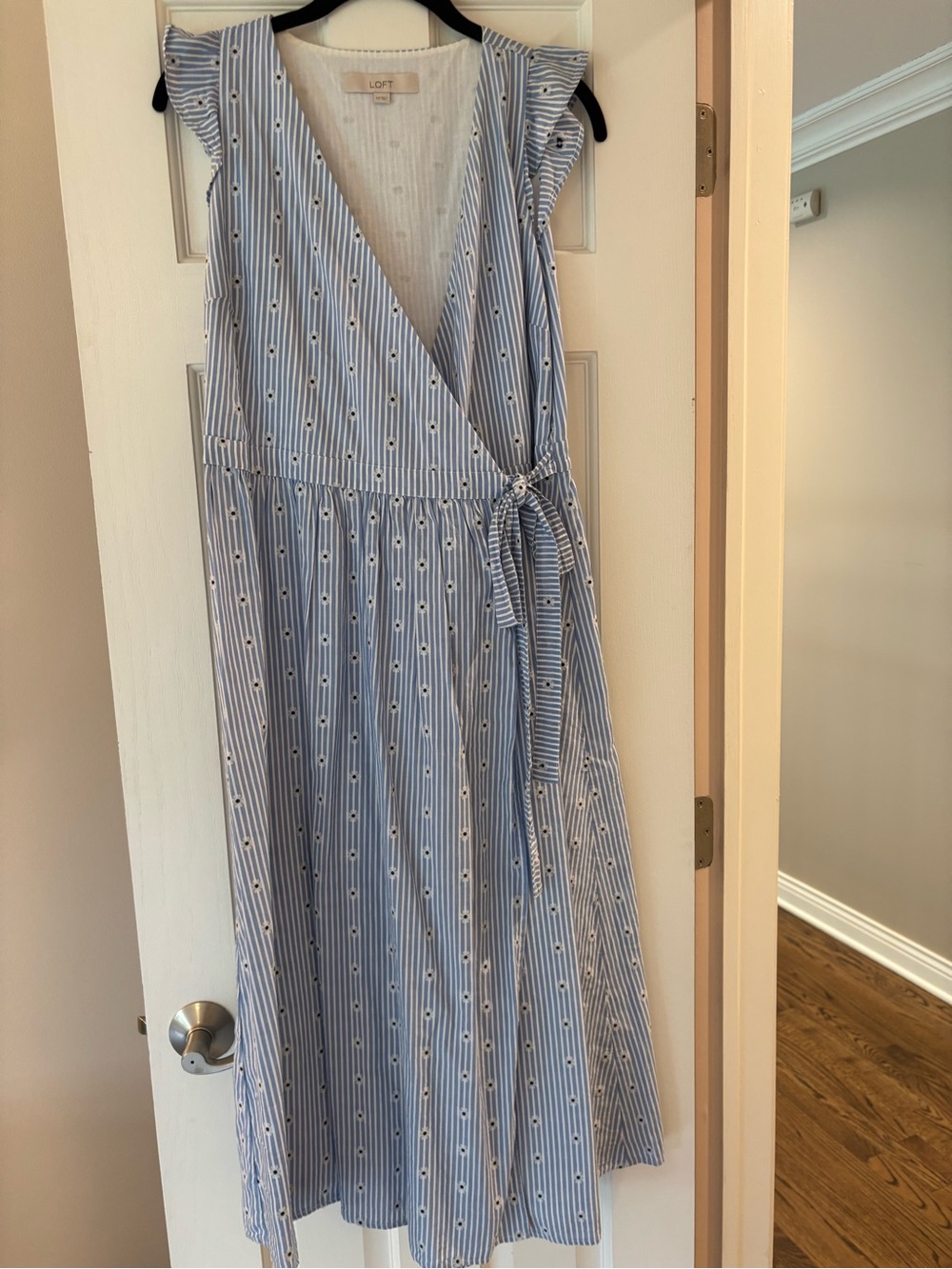 LOFT Blue and White Striped Wrap Maxi Dress with Dot Accents
